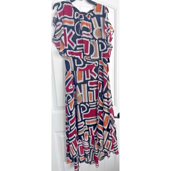 KARL LAGERFELD PARIS Women's Printed High-Low Flutter-Sleeve Dress Blck Multi 10 - Picture 5 of 12